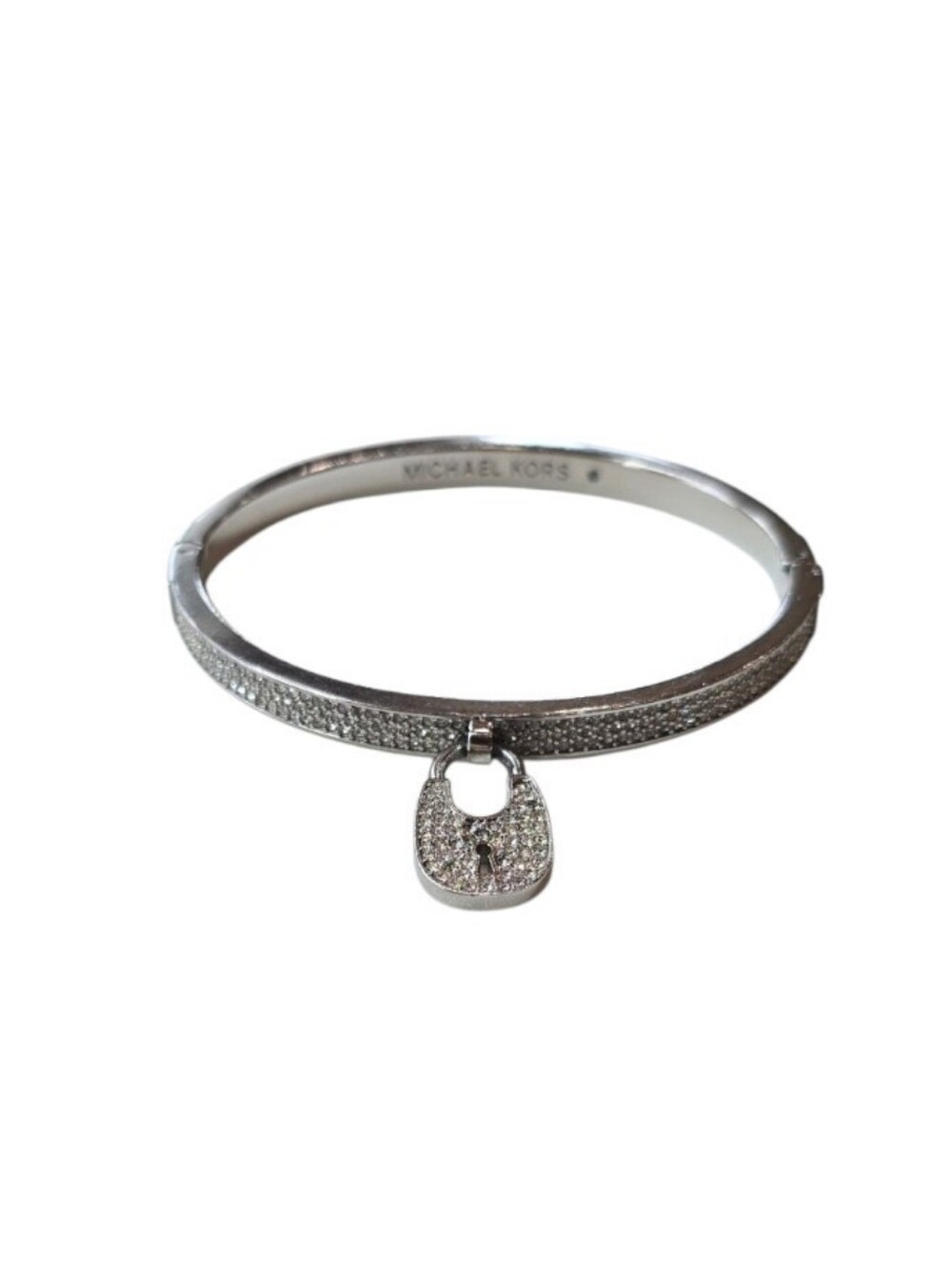 Michael Kors Pave Crystal Heritage Padlock Silvertone Bangle Bracelet.